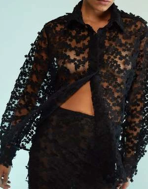 CYNTHIA ROWLEY3D Embroidered Tulle Button Down Shirt 2 CYNTHIA ROWLEY3D Embroidered Tulle Button Down Shirt - Image 2