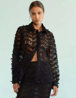 CYNTHIA ROWLEY3D Embroidered Tulle Button Down Shirt