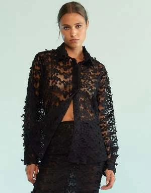 CYNTHIA ROWLEY3D Embroidered Tulle Button Down Shirt 1 CYNTHIA ROWLEY3D Embroidered Tulle Button Down Shirt