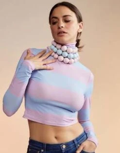 CYNTHIA ROWLEYCropped Striped Turtleneck - Lavender/sky Blue