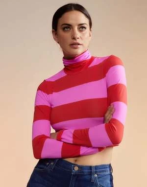 CYNTHIA ROWLEYCropped Striped Turtleneck - Red/Pink 2 CYNTHIA ROWLEYCropped Striped Turtleneck - Red/Pink - Image 2
