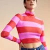 CYNTHIA ROWLEYCropped Striped Turtleneck - Red/Pink