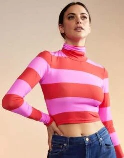 CYNTHIA ROWLEYCropped Striped Turtleneck - Red/Pink