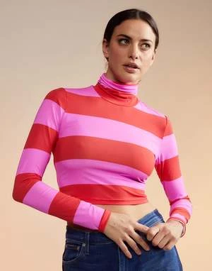 CYNTHIA ROWLEYCropped Striped Turtleneck - Red/Pink 4 CYNTHIA ROWLEYCropped Striped Turtleneck - Red/Pink - Image 4