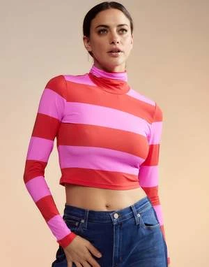 CYNTHIA ROWLEYCropped Striped Turtleneck - Red/Pink 3 CYNTHIA ROWLEYCropped Striped Turtleneck - Red/Pink - Image 3