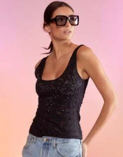 CYNTHIA ROWLEYCrystal Lace Mesh Tank Top - Black