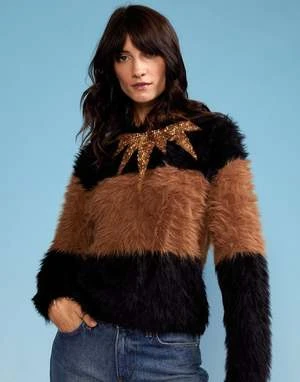 CYNTHIA ROWLEYFuzzy Stripe Sequin Sweater - Black/Brown 2 CYNTHIA ROWLEYFuzzy Stripe Sequin Sweater - Black/Brown - Image 2