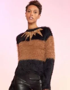 CYNTHIA ROWLEYFuzzy Stripe Sequin Sweater - Black/Brown