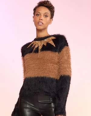 CYNTHIA ROWLEYFuzzy Stripe Sequin Sweater - Black/Brown 1 CYNTHIA ROWLEYFuzzy Stripe Sequin Sweater - Black/Brown