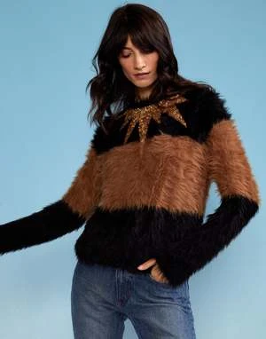 CYNTHIA ROWLEYFuzzy Stripe Sequin Sweater - Black/Brown 4 CYNTHIA ROWLEYFuzzy Stripe Sequin Sweater - Black/Brown - Image 4