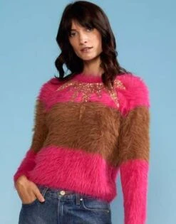 CYNTHIA ROWLEYFuzzy Stripe Sequin Sweater - Camel/Pink