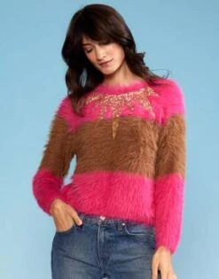 CYNTHIA ROWLEYFuzzy Stripe Sequin Sweater - Camel/Pink -Cynthia Rowley Shop Fuzzy Stripe Sequin Sweater 20220929230328 1