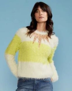 CYNTHIA ROWLEYFuzzy Stripe Sequin Sweater - White/Yellow