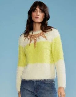 CYNTHIA ROWLEYFuzzy Stripe Sequin Sweater - White/Yellow -Cynthia Rowley Shop Fuzzy Stripe Sequin Sweater 20220929230341