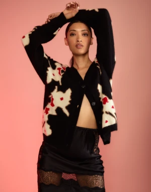 CYNTHIA ROWLEYIntarsia Cardigan - Black Multi 2 CYNTHIA ROWLEYIntarsia Cardigan - Black Multi - Image 2