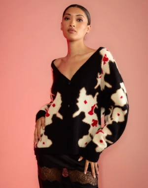 CYNTHIA ROWLEYIntarsia Cardigan - Black Multi 1 CYNTHIA ROWLEYIntarsia Cardigan - Black Multi