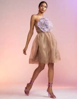 CYNTHIA ROWLEYOrganza Flower Strapless Dress - CAMEL