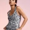 CYNTHIA ROWLEY Silver Sequin Embellished Tank
